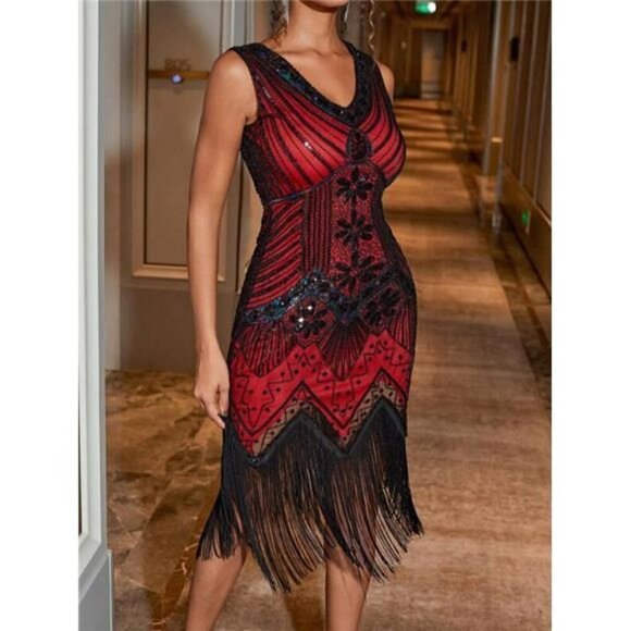 Women's Vintage Black Red Dress Formal Evening Bridal Prom Party Fringe Beaded L - Picture 3 of 7